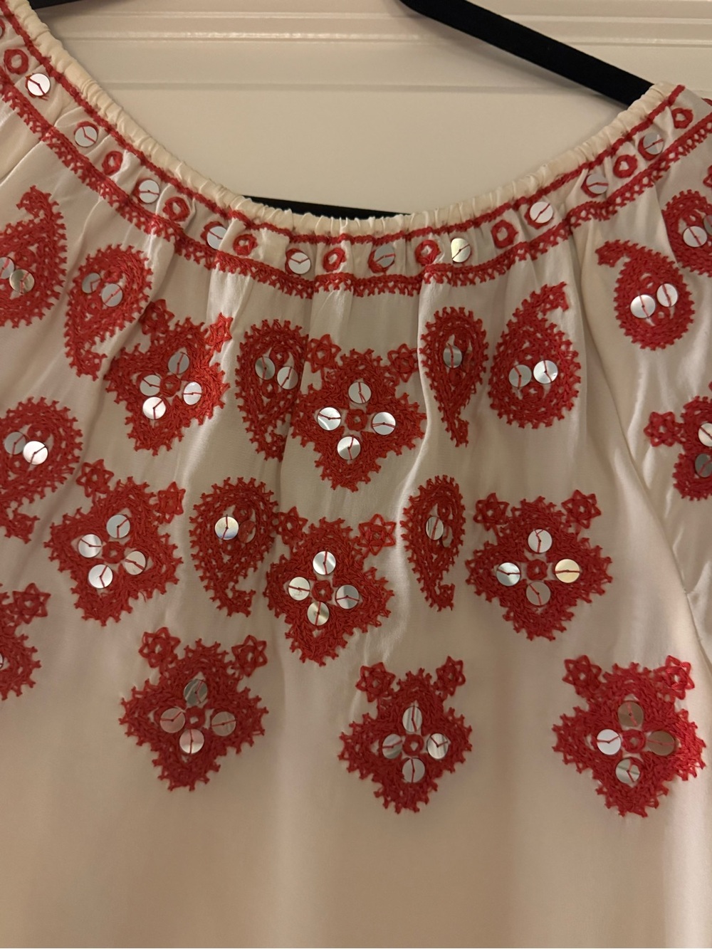 Tory Burch Cream Blouse with Red Embroidered Yoke - Picture 6 of 9